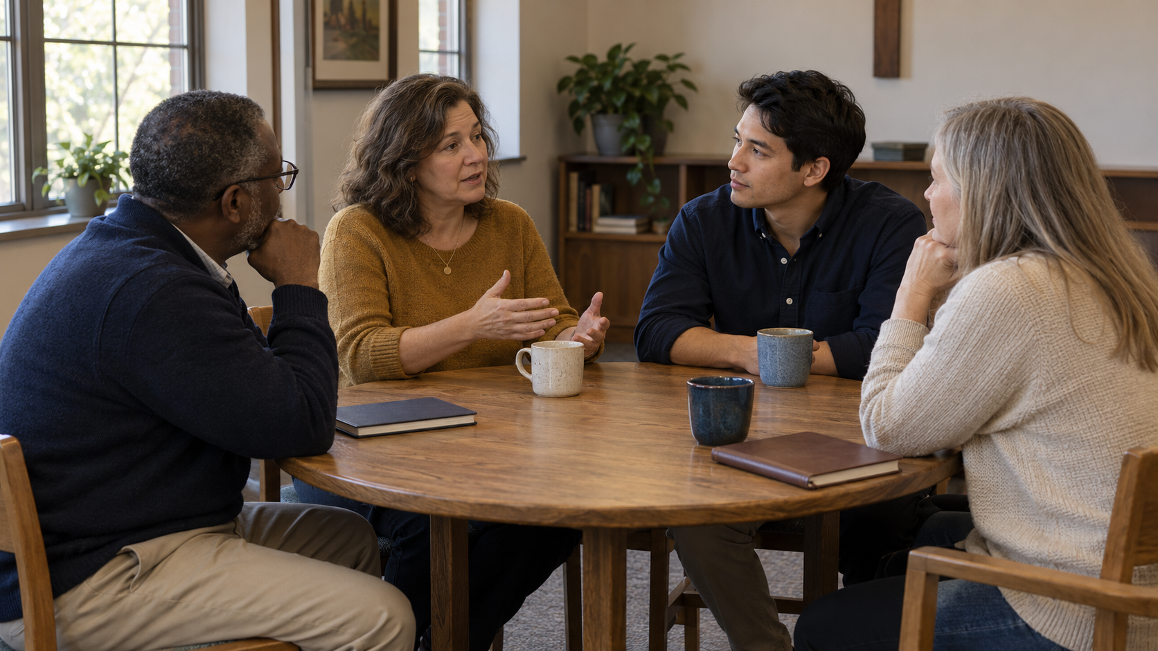 Illustration: Four adult volunteers in an attentive conversation around a small church meeting table.