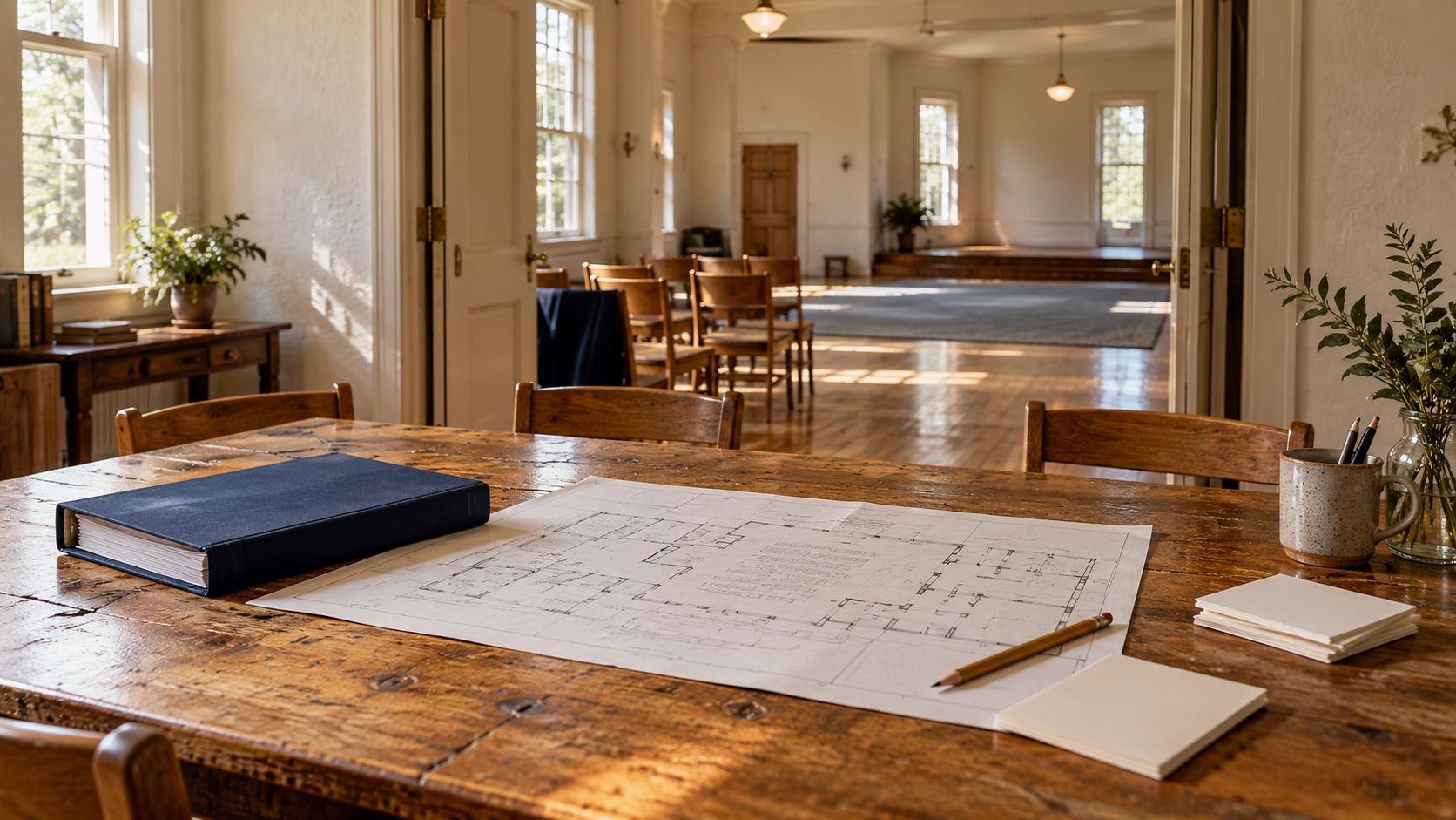 A planning table with a ministry floor plan opening into a larger gathering room.