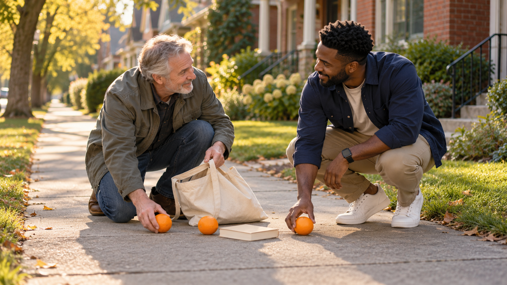 Illustration: Two neighbors gather dropped groceries beside a canvas bag on a residential sidewalk.