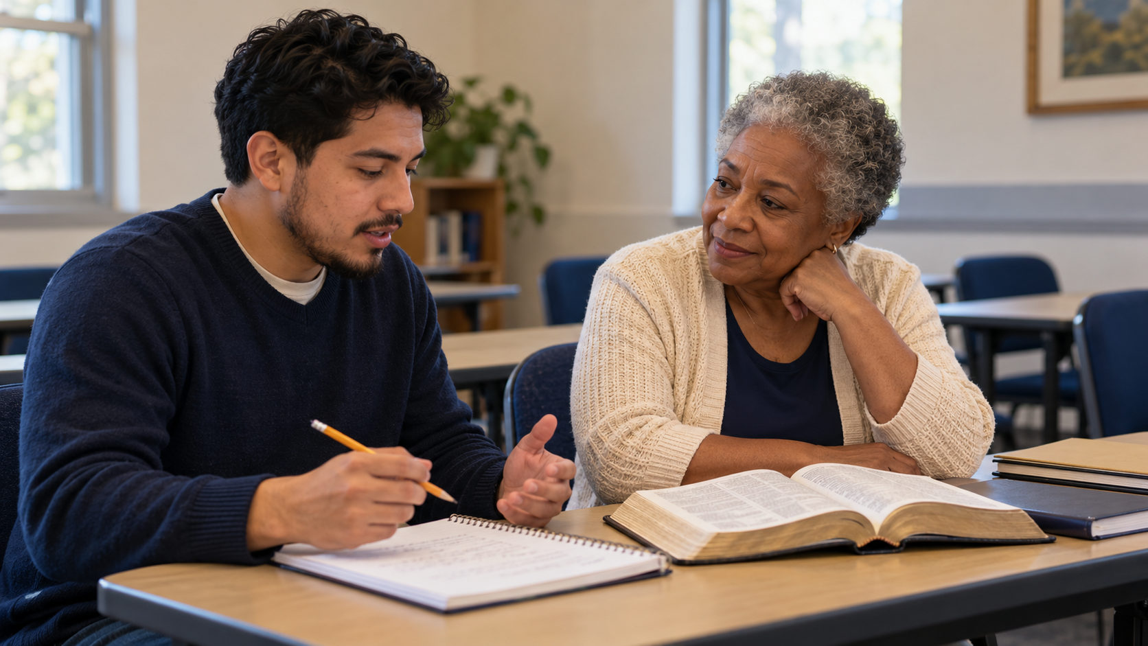 Illustration: An experienced woman mentor and a younger adult leader prepare a Bible discussion side by side.