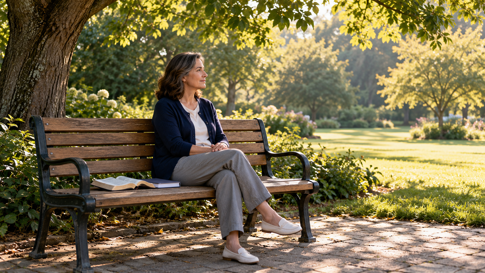 Illustration: A woman rests on a park bench in morning light with an open Bible and closed notebook beside her.