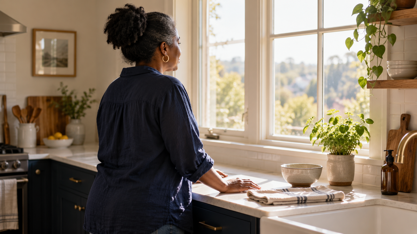 Illustration: A woman pauses beside her kitchen window with her hands resting on the counter.