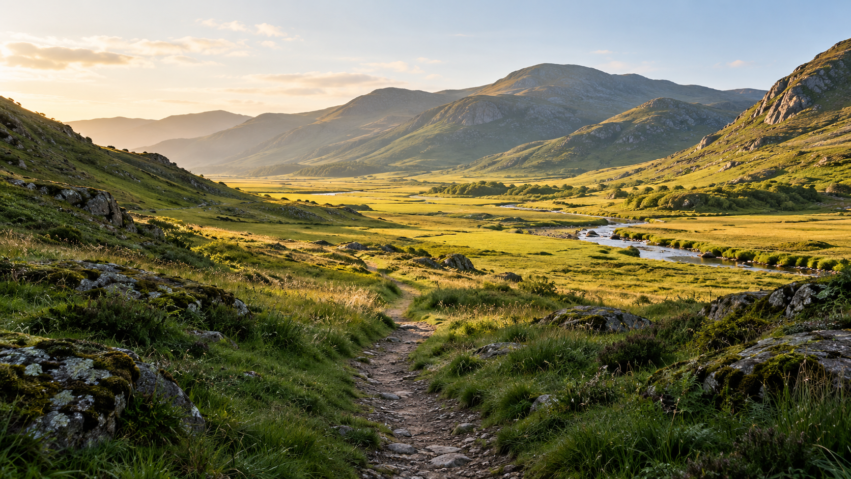 Illustration: A footpath leads through a shaded green valley toward a sunlit meadow and stream.