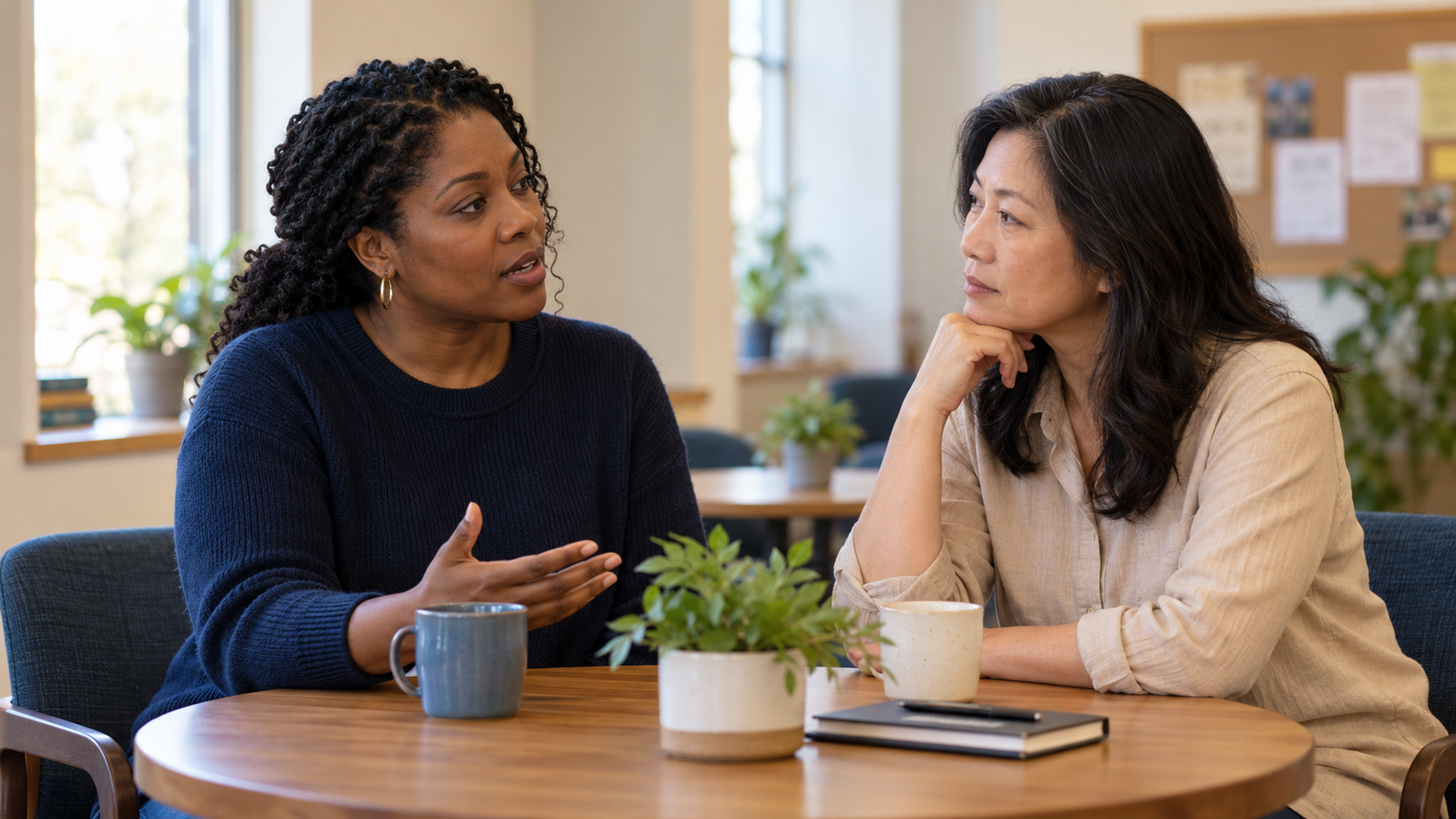 Illustration: Two women having a calm, attentive conversation at a small table in a community room.