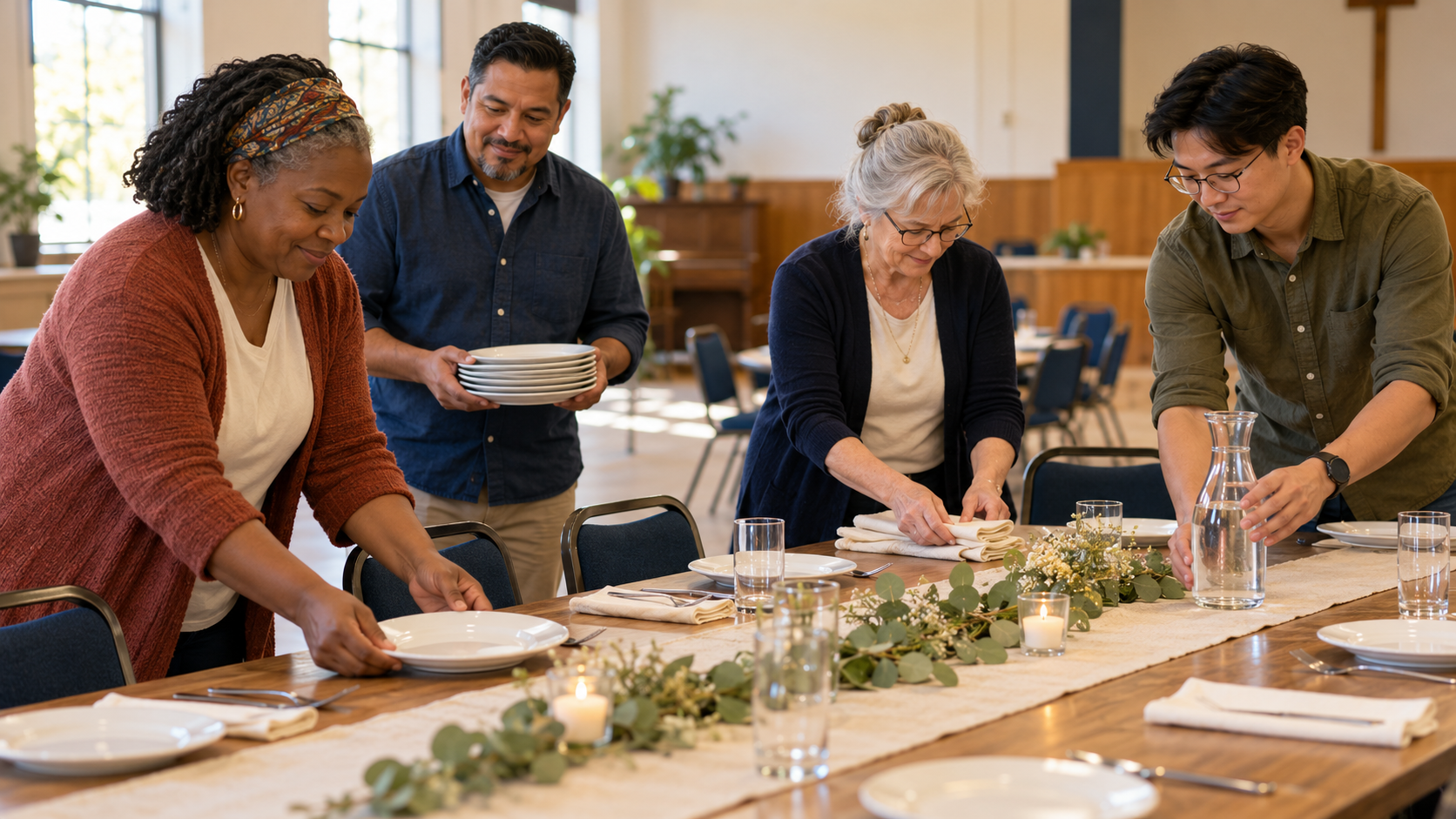 Illustration: Four adults work together to arrange plates, napkins, and water for a community meal.