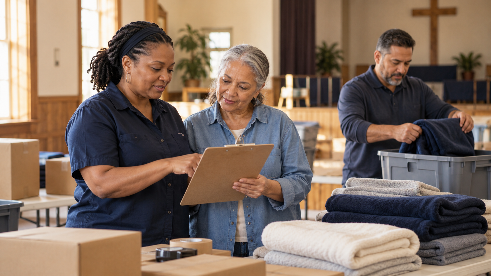 Illustration: Three adult volunteers coordinate supplies and review a clipboard while preparing a church outreach.