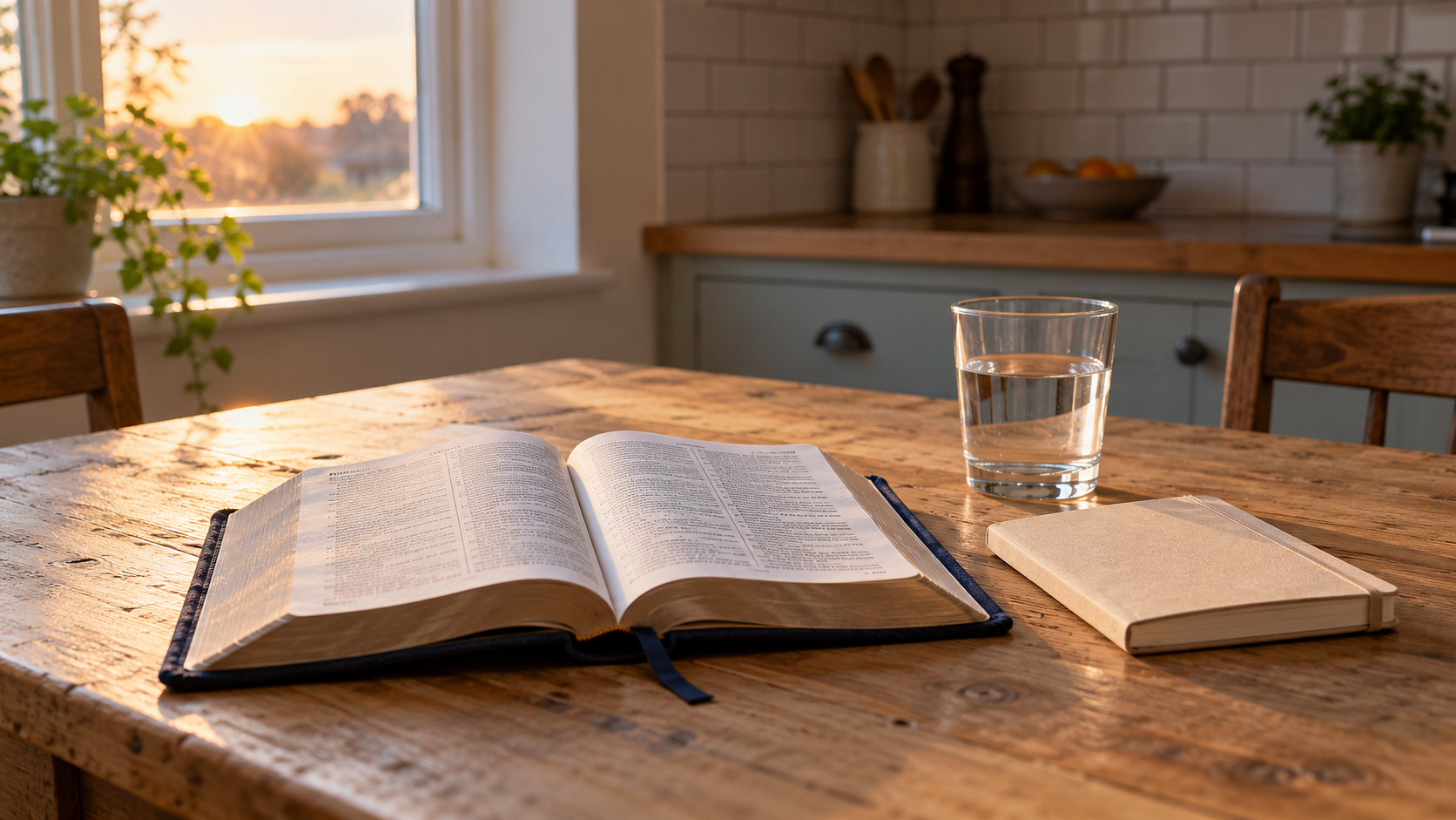 Illustration: An open Bible, plain notebook, and glass of water on a kitchen table in morning light.